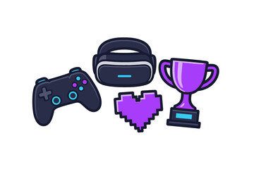 Collection of modern gaming accessories with controller, virtual reality headset, pixel heart, and winner's trophy