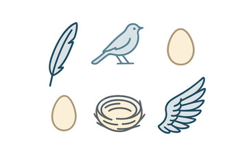 Minimalist set of bird life elements featuring feather, small bird, egg, empty nest, and a single wing icon for nature concepts