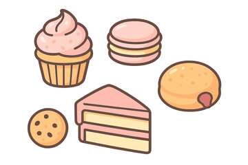 Variety of delicious sweet desserts including cupcake, macarons, donut, cookie, and cake slice on white background