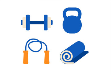 Essential fitness equipment including dumbbell, kettlebell, jump rope, and yoga mat for home workouts