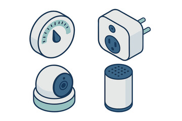 Collection of smart home technology devices featuring a thermostat, security camera, smart plug, and voice assistant speaker