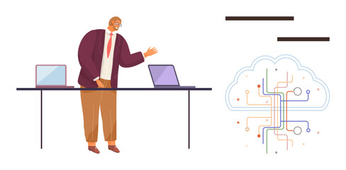 Business professional presenting cloud computing with two laptops and a digital cloud circuit. Ideal for data management, innovation, technology, education, communication, IT services, teamwork