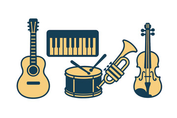 Naklejka premium Diverse collection of musical instruments featuring an acoustic guitar, keyboard, drum, trumpet, and violin