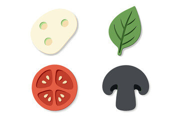 Assortment of fresh food ingredients for healthy cooking and meal preparation featuring cheese, tomato, mushroom, and spinach leaf