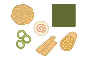 Japanese cuisine components including noodles, seaweed, fish cake, and green onions for Asian dishes