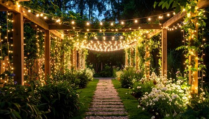 Pathway Through a Garden Pergola Illuminated with String Lights at Dusk