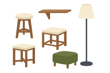 Collection of modern home furniture pieces featuring various stools, a wall mounted shelf, and a tall floor lamp