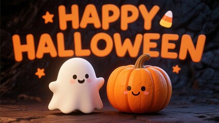 Cute ghost and pumpkin with happy Halloween text on a dark background
