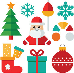 Fototapeta premium Vector art of vibrant christmas icons including a santa claus figure, a decorated christmas tree, snowflakes, a stocking, a gift box, and ornaments, all isolated on a