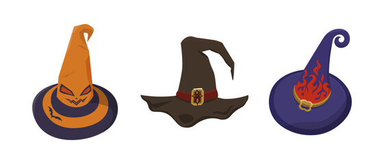 Halloween Witch hats cartoon set. Magical decorated hats in different shapes and colors. Vector illustration for holiday