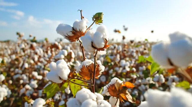 Close Up View of White Cotton Plants in a Field Under a Blue Sky During Daytime With Green Leaves and Brown Branches