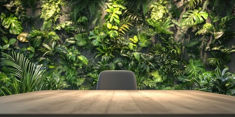 Obraz premium Office background with branded wall, plants, and meeting table Stock photo