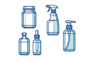Assortment of transparent packaging containers including spray, pump, dropper, and jar designs for various liquids
