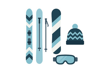Collection of winter recreation gear including ski equipment, snowboard, warm hat, and protective eyewear