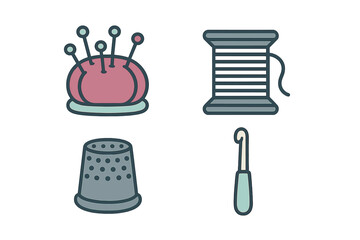 Collection of essential sewing and crafting tools including a pincushion with pins, thread spool, thimble, and crochet hook