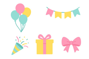 Vibrant celebration party elements with balloons, festive banner, gift box, decorative bow, and confetti popper