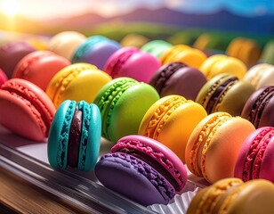 Colorful Macarons on Wooden Box with Mountain Background