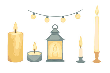 Assortment of glowing pillar candles, tealight, tall taper candle, rustic lantern, and decorative string lights for festive ambiance