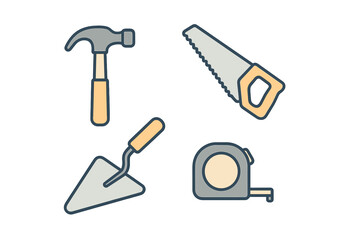 Collection of essential construction and DIY hand tools including hammer, saw, trowel, and tape measure