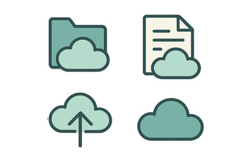 Modern digital icons depicting cloud computing, data storage, file management, online upload, and secure network services for business and technology applications