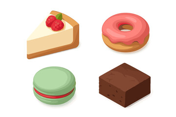 Variety of popular sweet desserts featuring raspberry cheesecake, pink glazed donut, green macaron, and dark chocolate brownie
