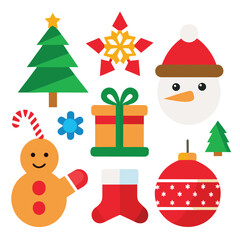 Obraz premium Vector art of collection of flat design christmas icons including a christmas tree, snowman, gingerbread man, candy cane, gift box, stocking, bauble, and snowflake