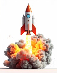 Cartoon rocket launching with fiery explosion