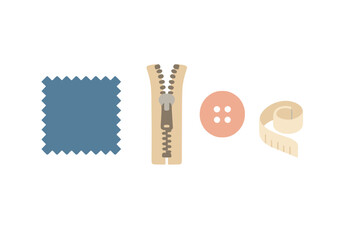 Sewing and tailoring supplies including fabric swatch, zipper, button, and measuring tape on white background