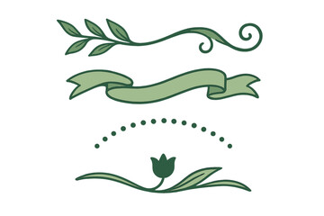 Collection of elegant green decorative floral elements with ribbon banner and dotted line dividers for various design projects and invitations