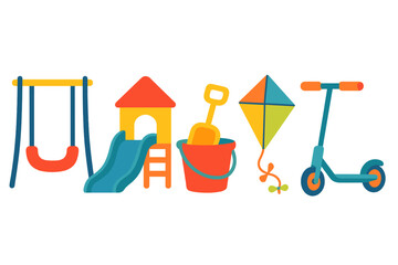 Vibrant playground equipment and outdoor toys for children's recreation including swing, slide, sand bucket, shovel, kite, and scooter © Andrei