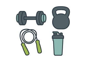 Fitness equipment collection with dumbbell, kettlebell, jump rope, and shaker bottle for active lifestyle