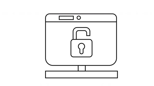 sketch of an open padlock icon and a monitor screen icon