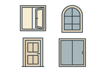Architectural elements collection with various window styles including casement, arched, and sliding, plus a classic panel door