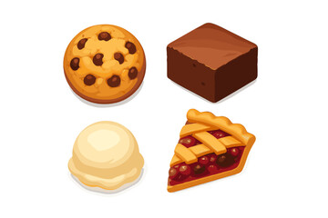 Dessert collection featuring a chocolate chip cookie, rich fudge brownie, creamy vanilla ice cream, and a slice of cherry pie