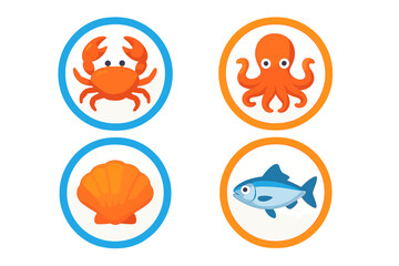 Vibrant collection of marine animals and ocean life icons featuring a crab, octopus, fish, and seashell in a playful style for aquatic designs