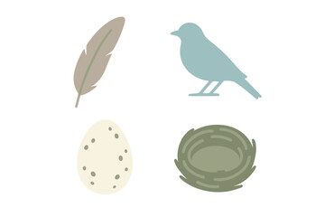 Stylized bird feather, speckled egg, and woven nest with a bird silhouette, representing spring, new life, and natural elements in a clean, modern design
