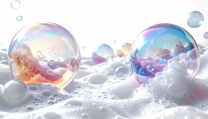 Colorful soap bubbles on a white foam surface