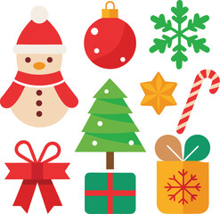 Vector art of assortment of flat design christmas elements including a snowman, bauble, snowflake, star, candy cane, christmas tree, gift box, and bow
