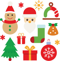 Fototapeta premium Vector art of charming christmas icons featuring a snowman, santa claus face, christmas tree, stocking, bell, bauble, and gift boxes