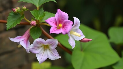 Naklejka premium Double-helix sweet potato vine blooming with unexpected floral hybrids, symbolizing genetic wonder.
