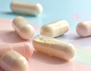 Close-up of various capsules scattered on a colorful surface