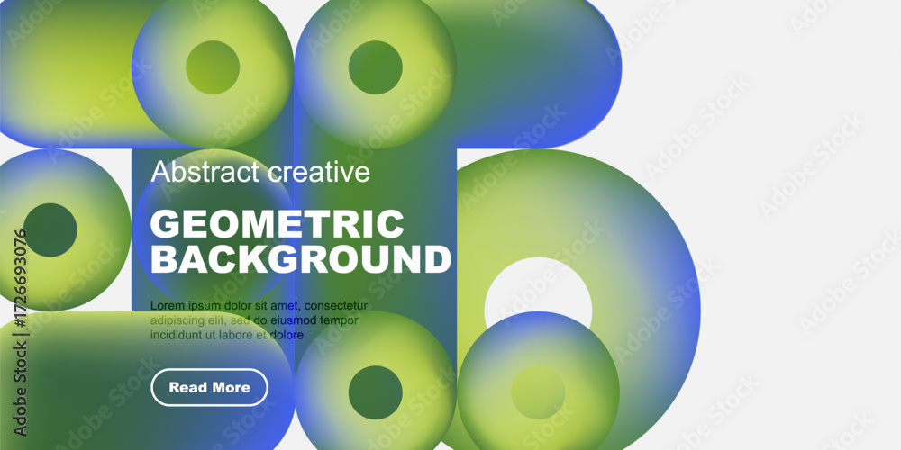 Poster vibrant geometric shapes overlap, creating abstract background. text promotes content with read more
