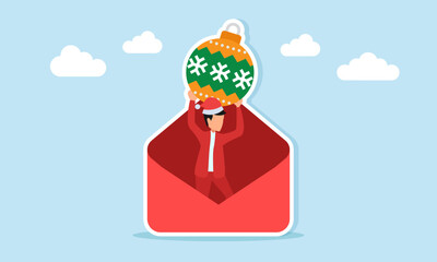 Man in red outfit with Santa hat inside envelope lifting Christmas tree light or ornament illustration for holiday celebration appreciation