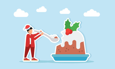 Man in red outfit with Santa hat taking a slice of pudding with a spoon illustration for Christmas celebration appreciation
