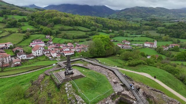 Aerial view of Amaiur village and its historic ruined castle at Nafarroa, Basque Country.
