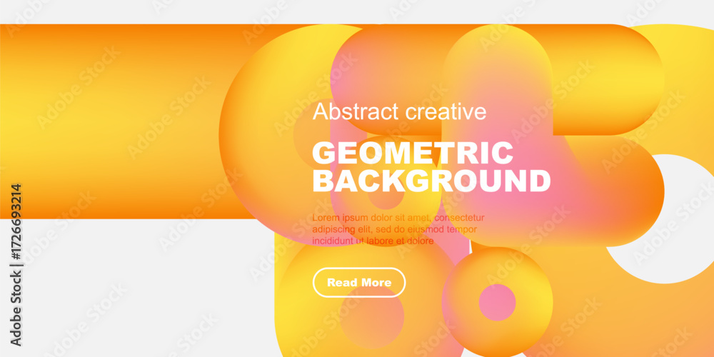 Poster bright geometric background features overlapping shapes, warm colors, text, button. modern design su