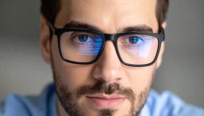 Close-up of a male programmer's face with computer code clearly visible in his eyeglass lenses