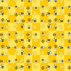 pola mulus dengan gambar lebah dan latar belakang kotak kotak kuning. madu yang manis dan lebah yang lucu dalam wallpaper phone dan tablet. seni ilustrasi pola mulusbergambar animasi hewan.