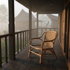 Wicker chair on porch in misty morning