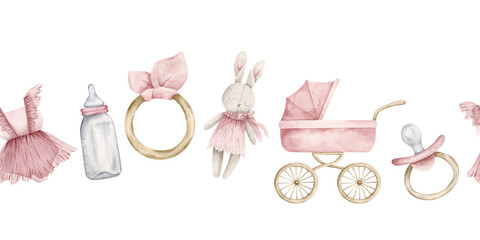 It's a girl. Watercolor hand-drawn horizontal border with newborn things - pink wheelchair, jumpsuit, bunny toy, baby bottle, pacifier and rattle. Seamless pattern for baby girl. Cute print for kids.